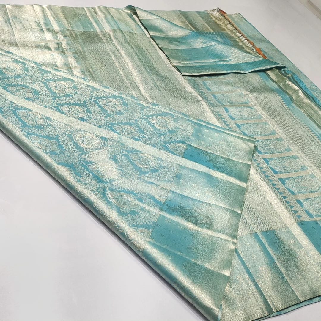 Turquoise Kanchipuram Handloom Tissue Brocade Silk Saree