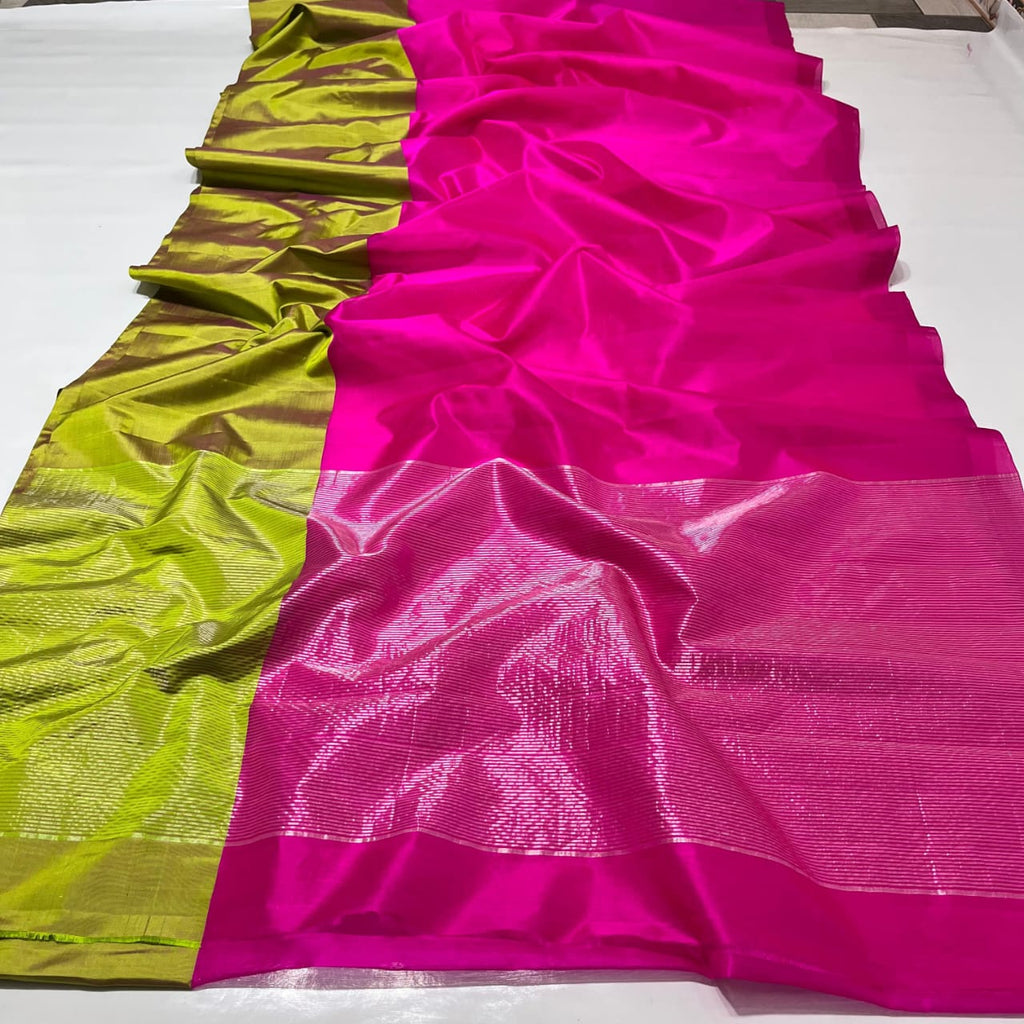 Dark Pink Chanderi Handloom Pattu Silk Mashru Borders Saree