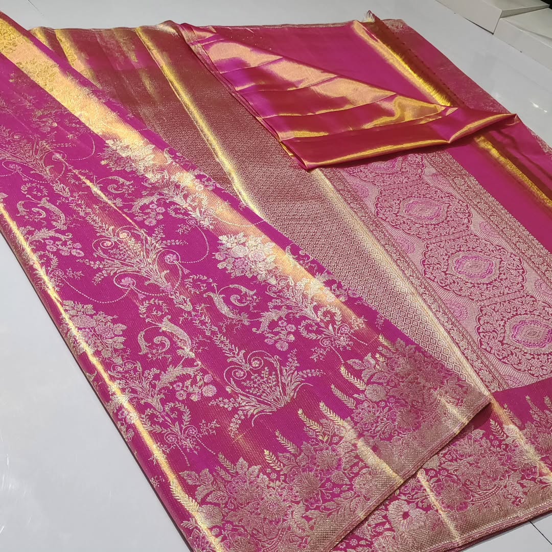 Hot Pink Kanchipuram Handloom Tissue Brocade Bridal Silk Saree
