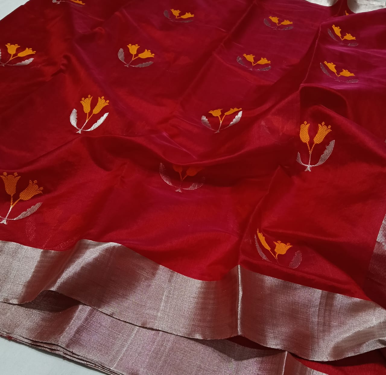 Red Chanderi Handloom Pattu Silk Eknal Buttas Meenakari Saree