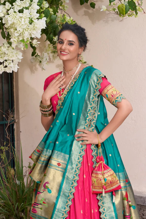 Festive Dark Pink Paithani Silk Lehenga with Zari Detailing