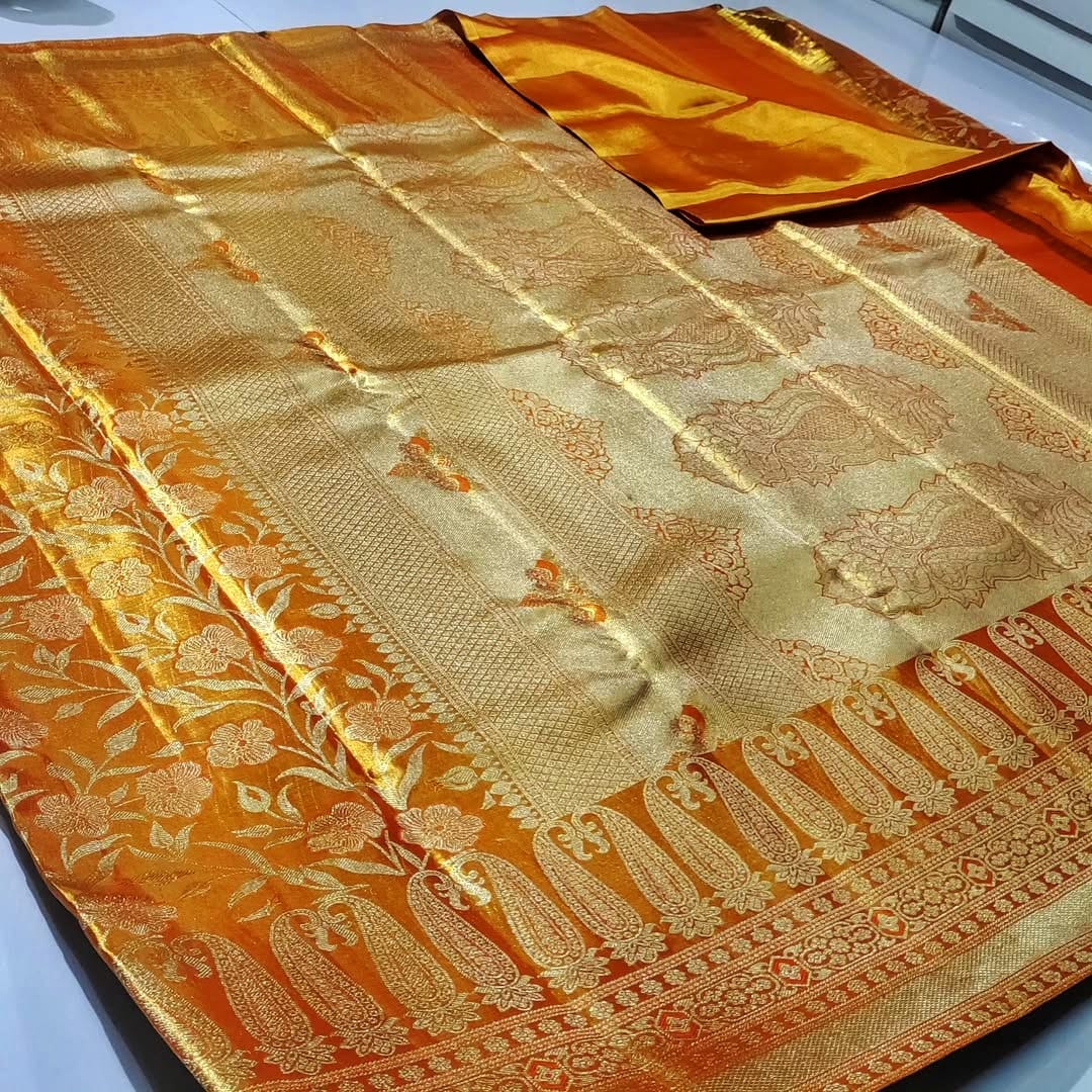 Orange Kanchipuram Handloom Tissue Brocade Silk Saree