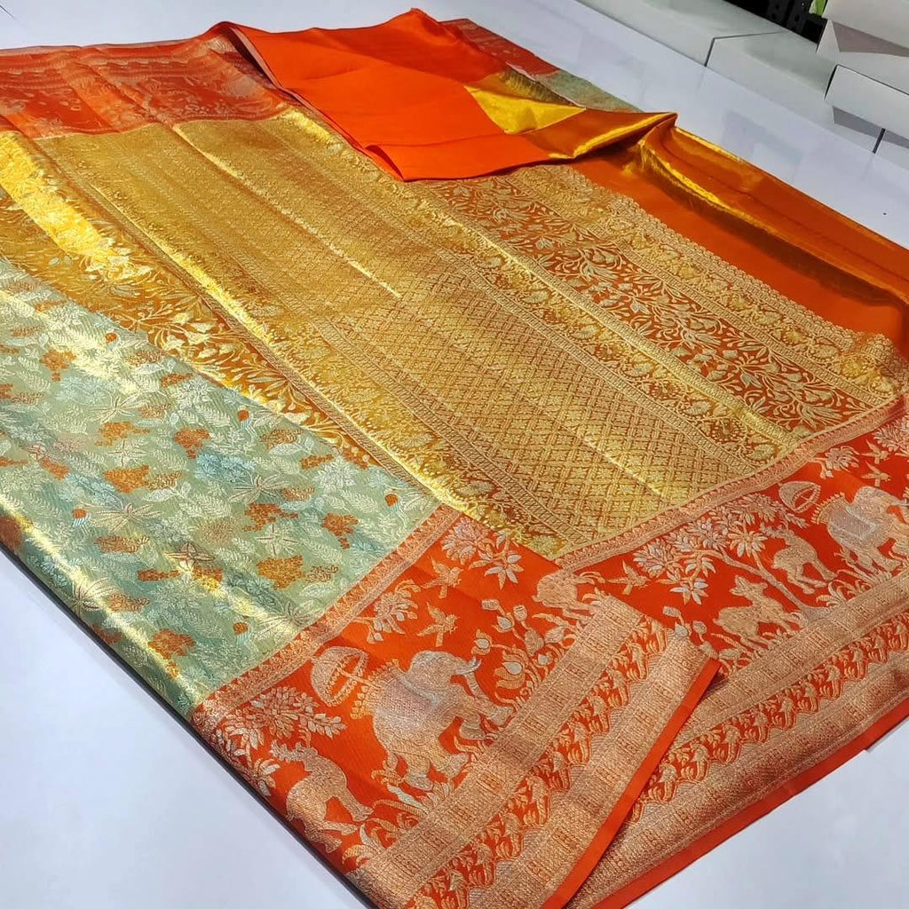 Pista Green Kanchipuram Handloom Tissue Brocade Meenakari Silk Saree