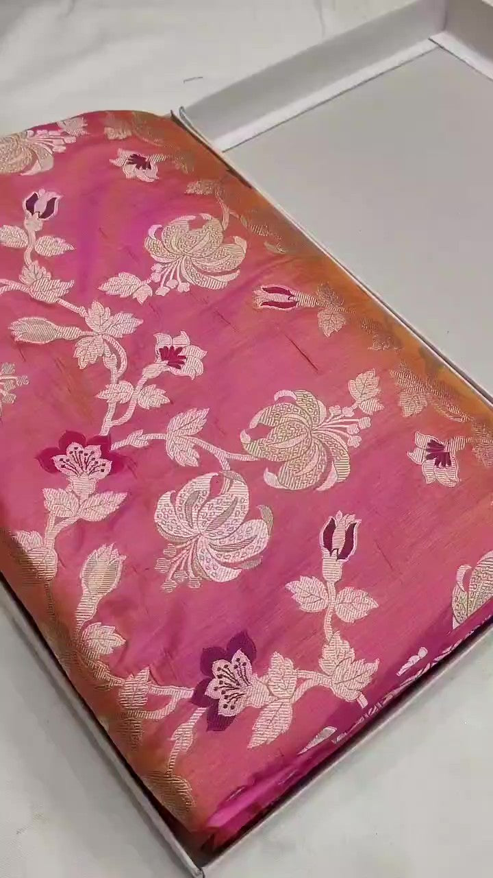 Dual Tone Hot Pink Banarasi Håndvæv Katan Silk Meenakari Saree