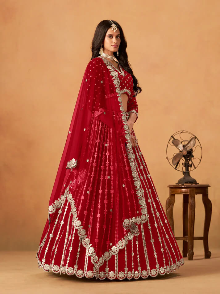 Red Art Silk Lehenga with Mirror & Embroidery Work