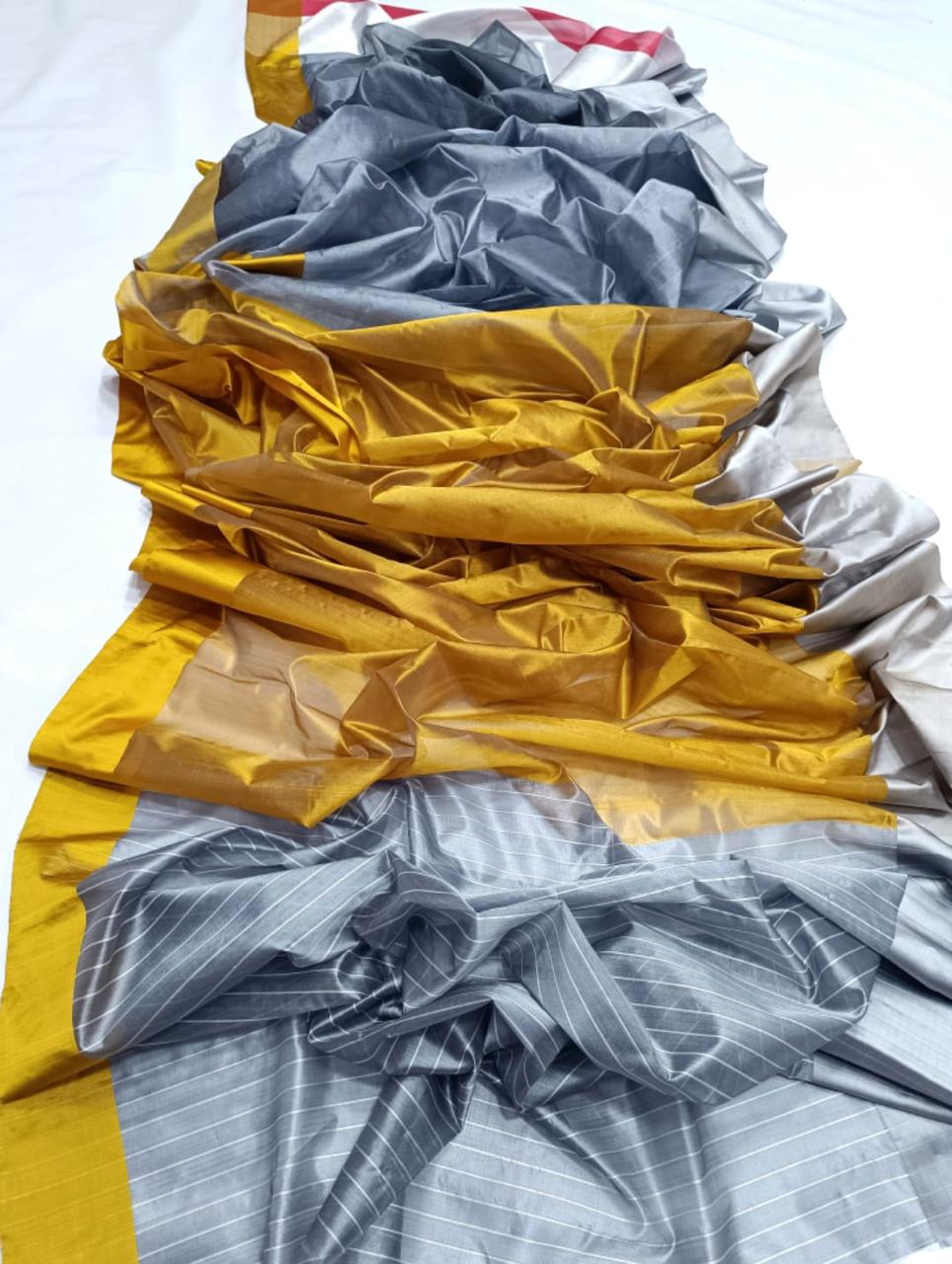 Grey Chanderi Handloom Pattu Silk Mashru Borders Saree