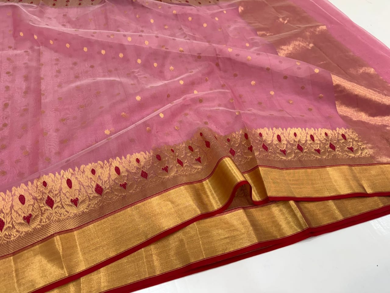 Onion Pink Chanderi Handloom Katan Silk Meenakari Handwork Saree
