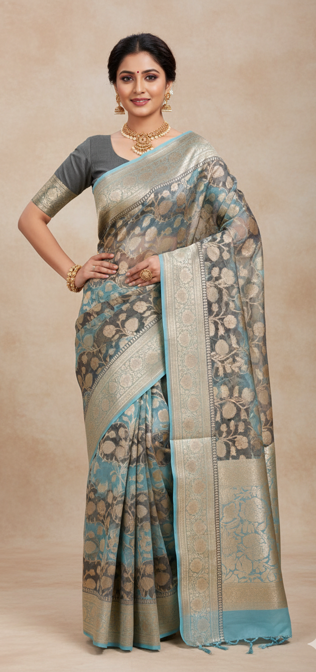 Turquoise Banarasi Handloom Rangkat Kora Tissue Silk Saree