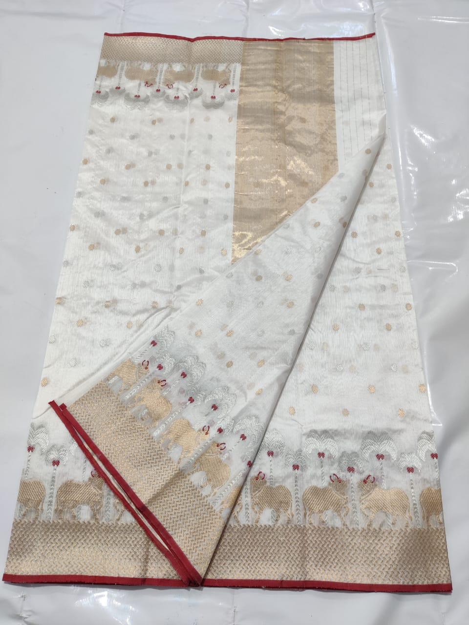 Pearl White Chanderi Handloom Pattu Silk Meenakari Saree