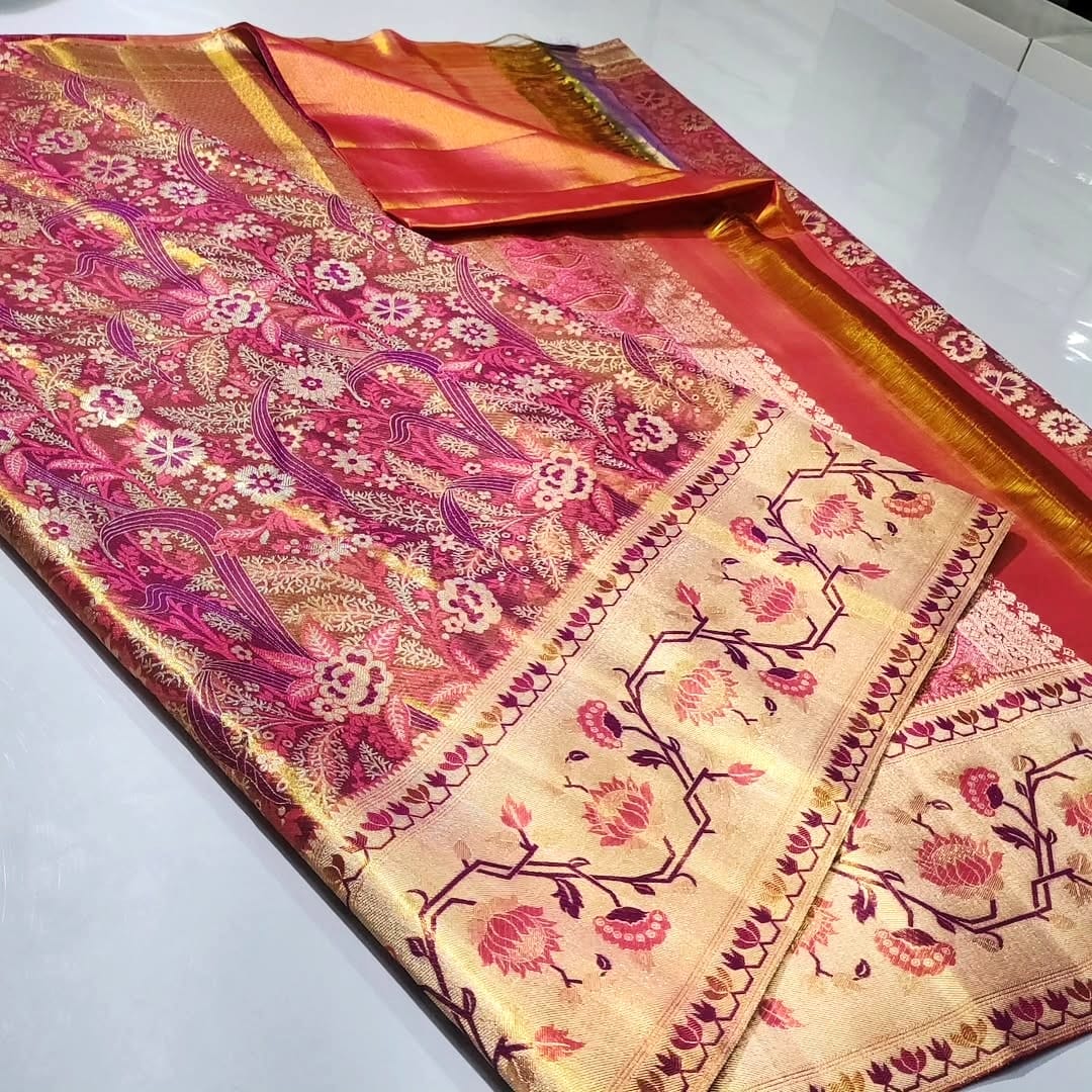Hot Pink Kanchipuram Handloom Tissue Brocade Paithani Silk Saree