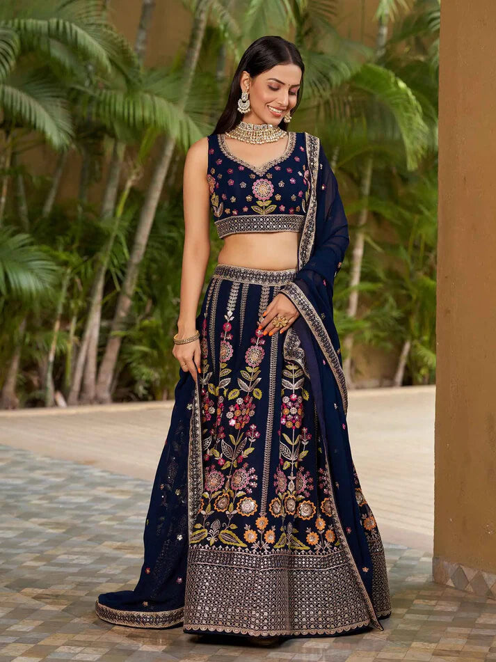 Navy Blue Georgette Lehenga with Thread & Zari Embroidery