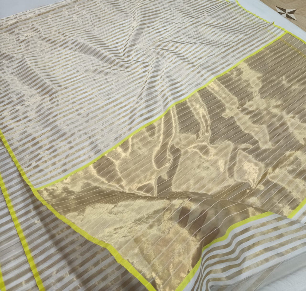 Cream Chanderi Handloom Cotton Silk Striped Saree