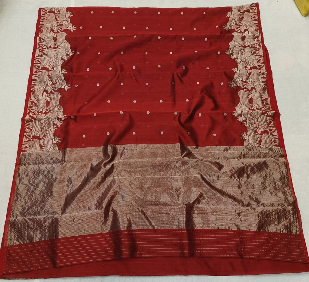 Rustic Red Chanderi Handloom Pattu Silk Handwork Saree