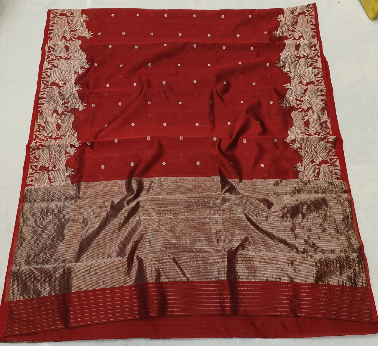 Rustic Red Chanderi Handloom Pattu Silk Handwork Saree