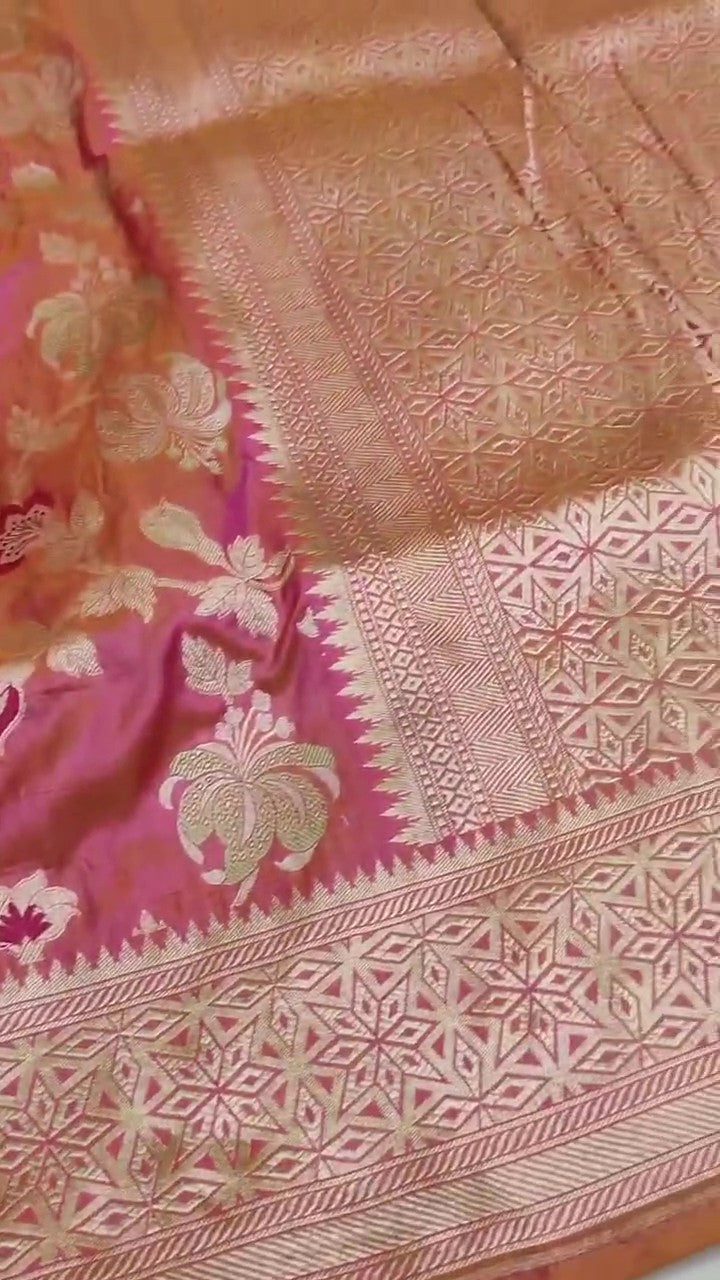 Dual Tone Hot Pink Banarasi Håndvæv Katan Silk Meenakari Saree