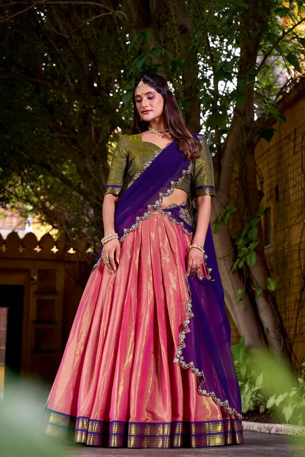 Peach Pink Ethnic Lehenga Choli with Kanchipuram Zari Work