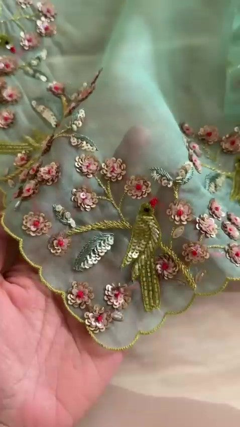 Turquoise & Green Hand Embroidered Organza Silk Saree