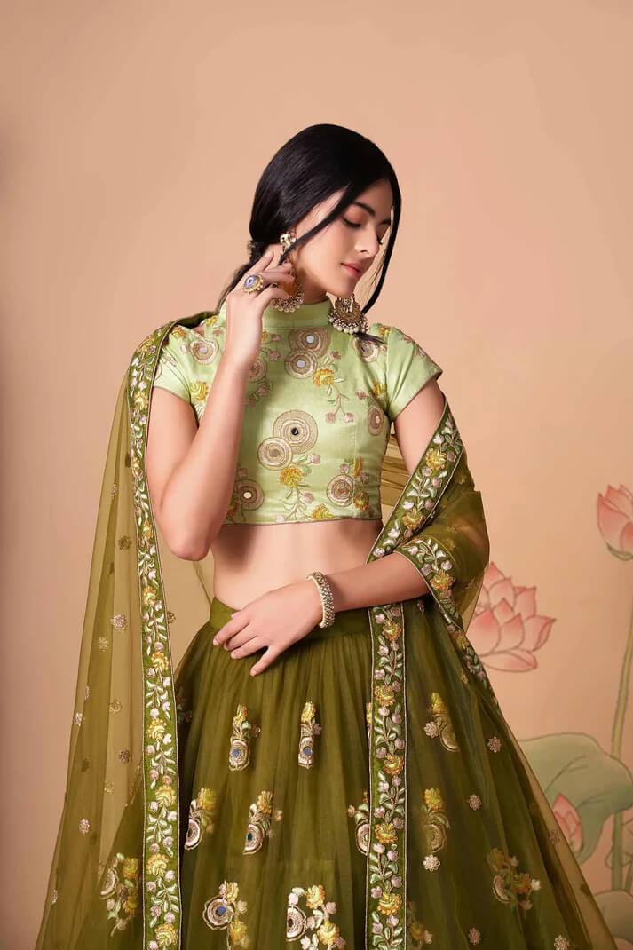 Mehndi Green Net Lehenga with Zari, Sequins & Mirror Work