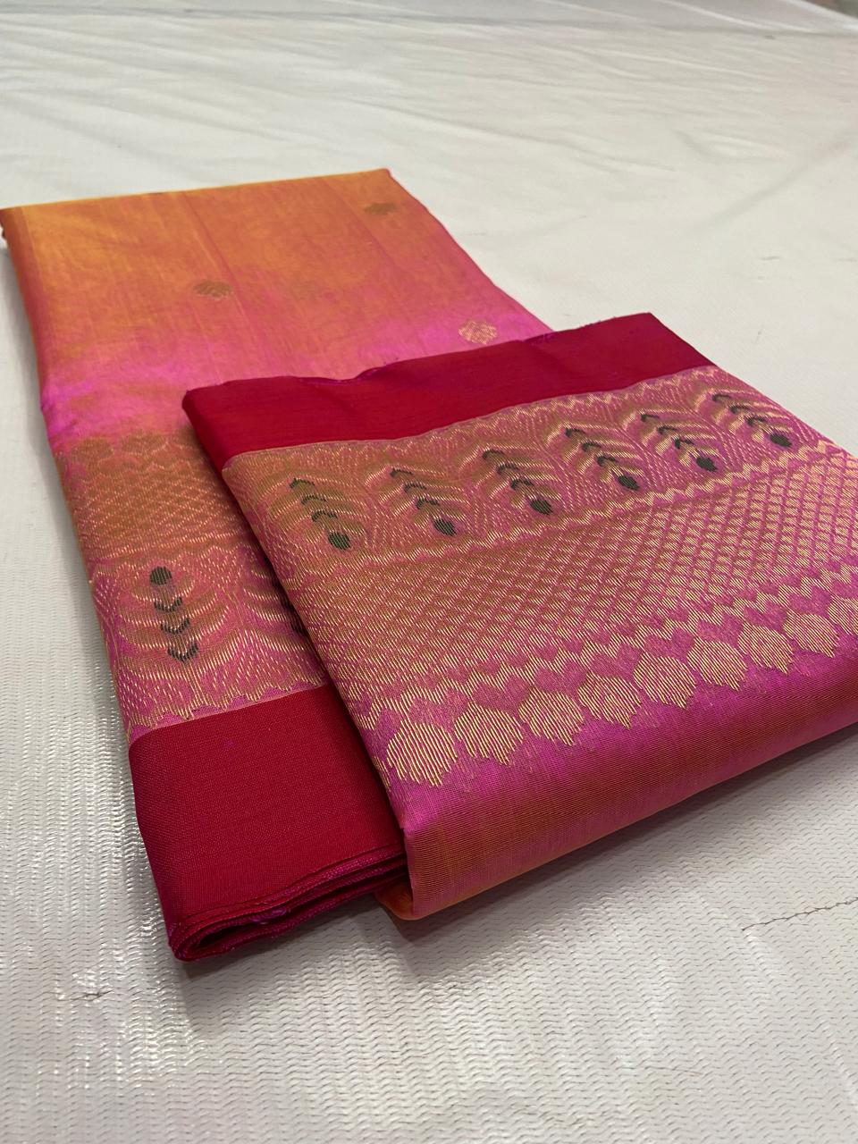 Hot Pink Chanderi Handloom Pure Pattu Silk Meenakari Saree