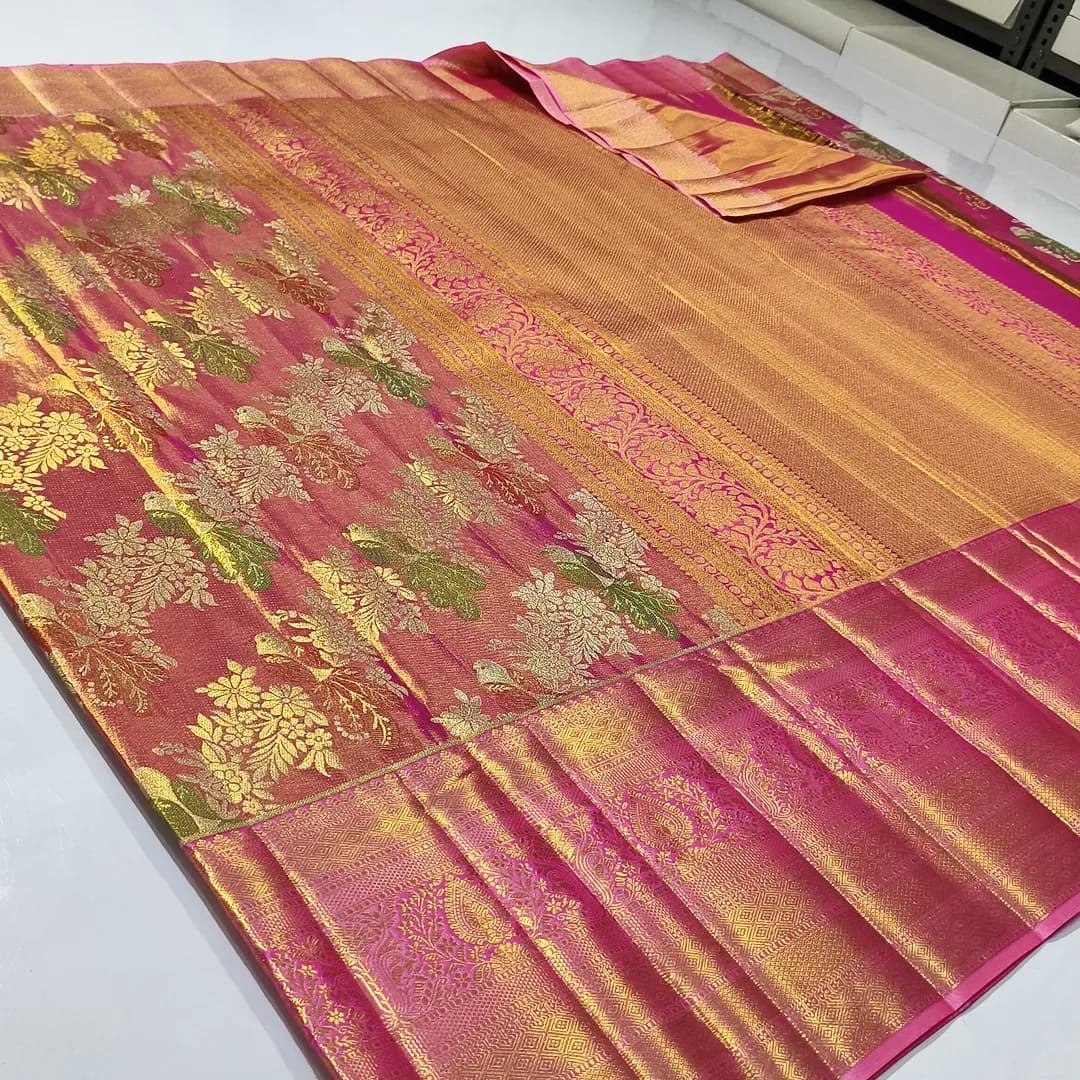 Hot Pink Kanchipuram Handloom Tissue Brocade Meenakari Silk Saree