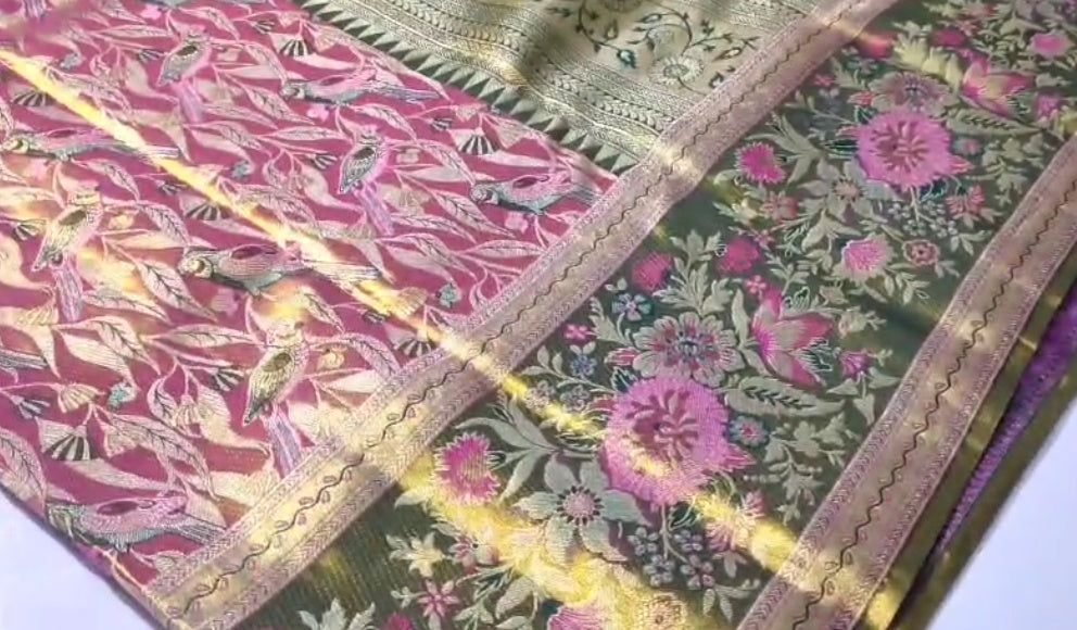 Pink Kanchipuram håndvævet vævsbrokade Meenakari silkesari