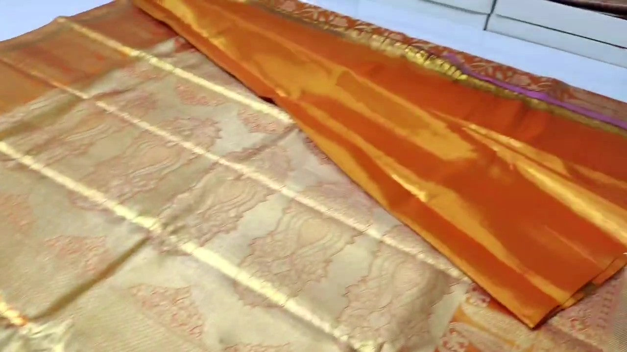 Orange Kanchipuram Handloom Tissue Brocade Silk Saree