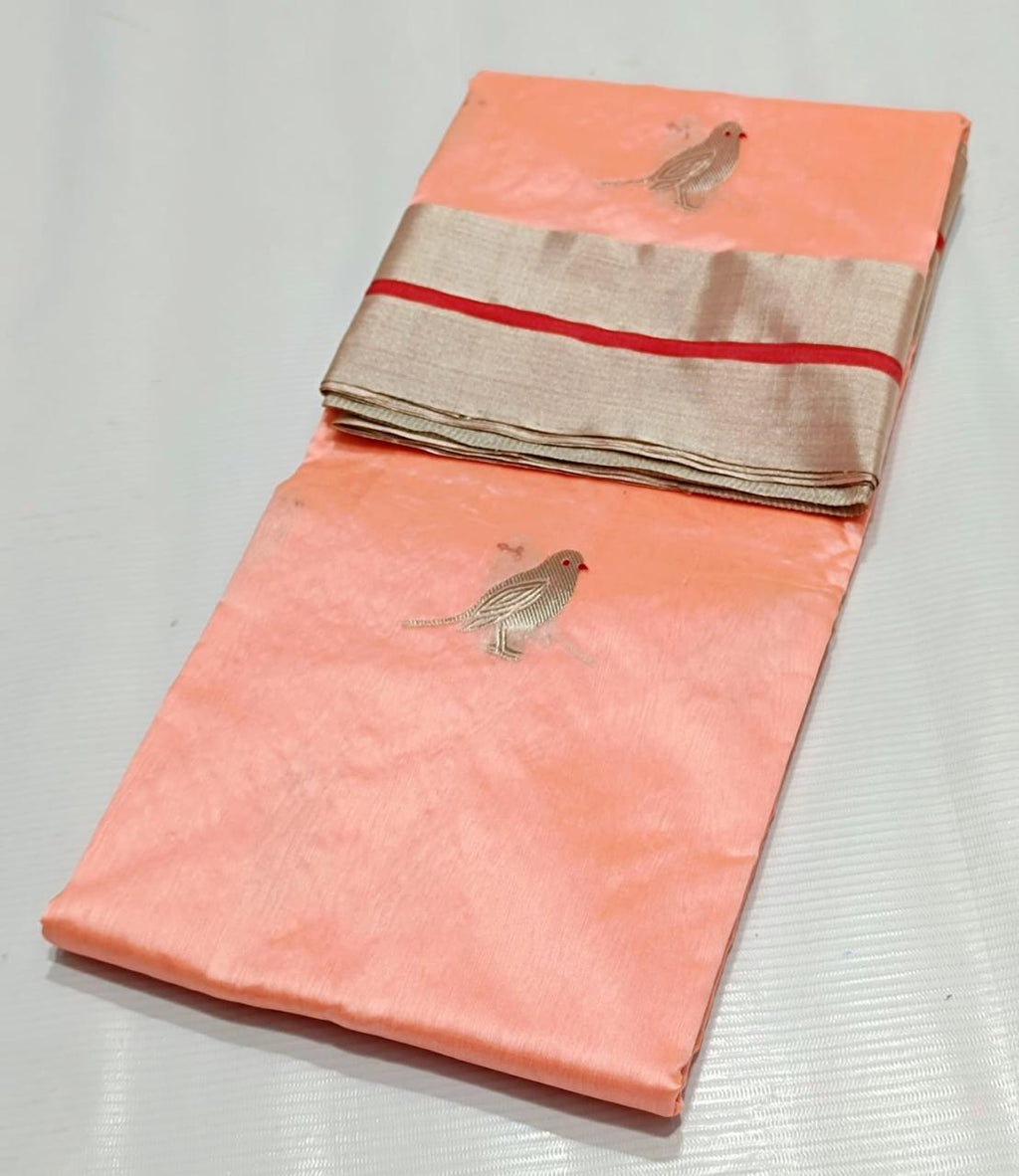 Peach Chanderi Handloom Pattu Silk Meenakari Saree