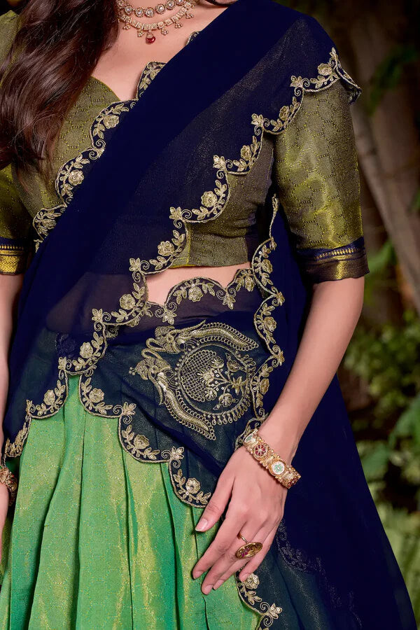 Parrot Green Ethnic Lehenga Choli with Kanchipuram Zari Work