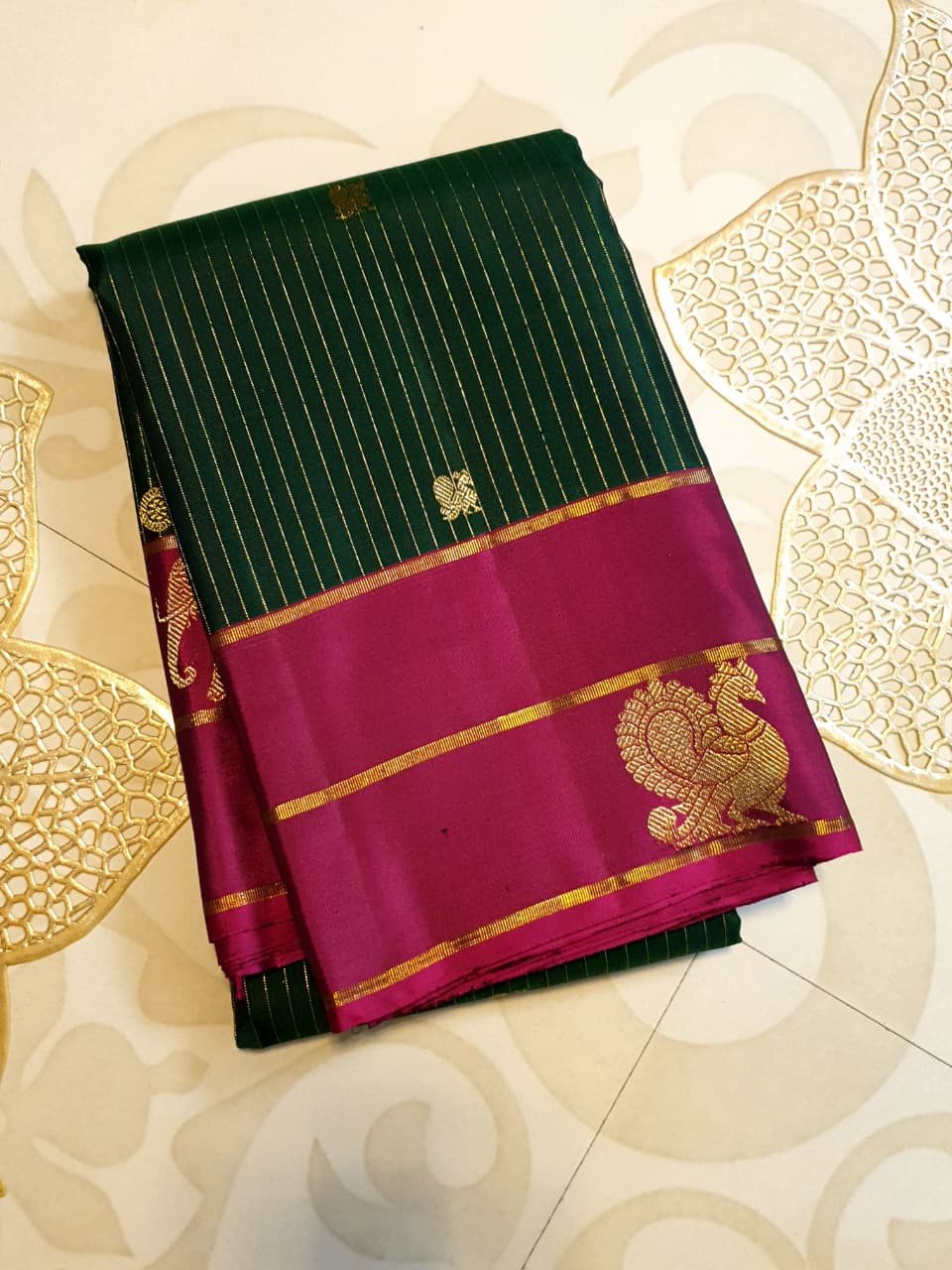 Bottle Green Kanchipuram Handloom 2G Gold Pattu Silk Saree