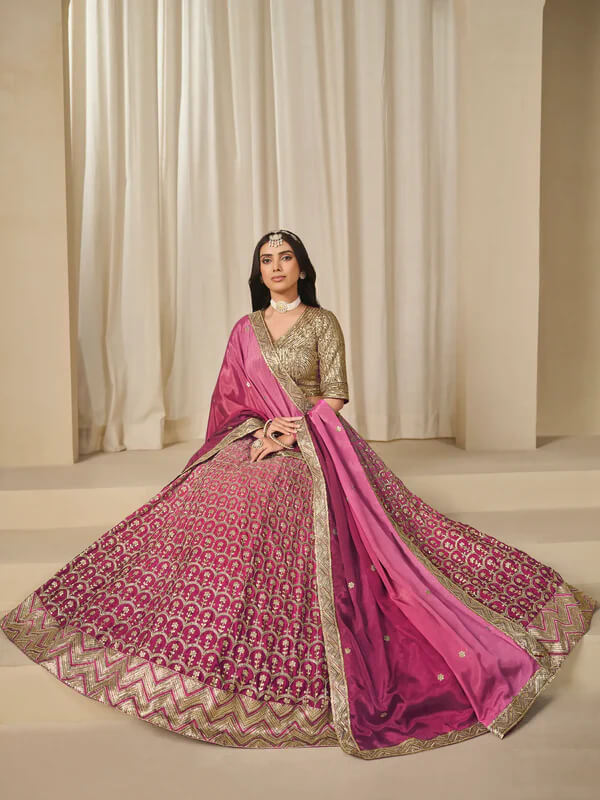 Shaded Pink Chinon Silk Embroidered Lehenga Choli