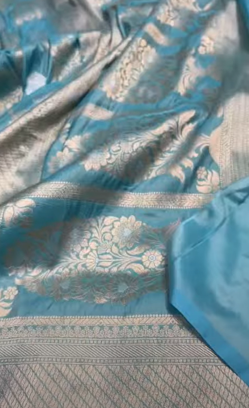 Dual Tone Turquoise and Green Banarasi Katan Silk Saree with Gold and Silver Sona Rupa Zari Weaving and Silk Mark Tag.