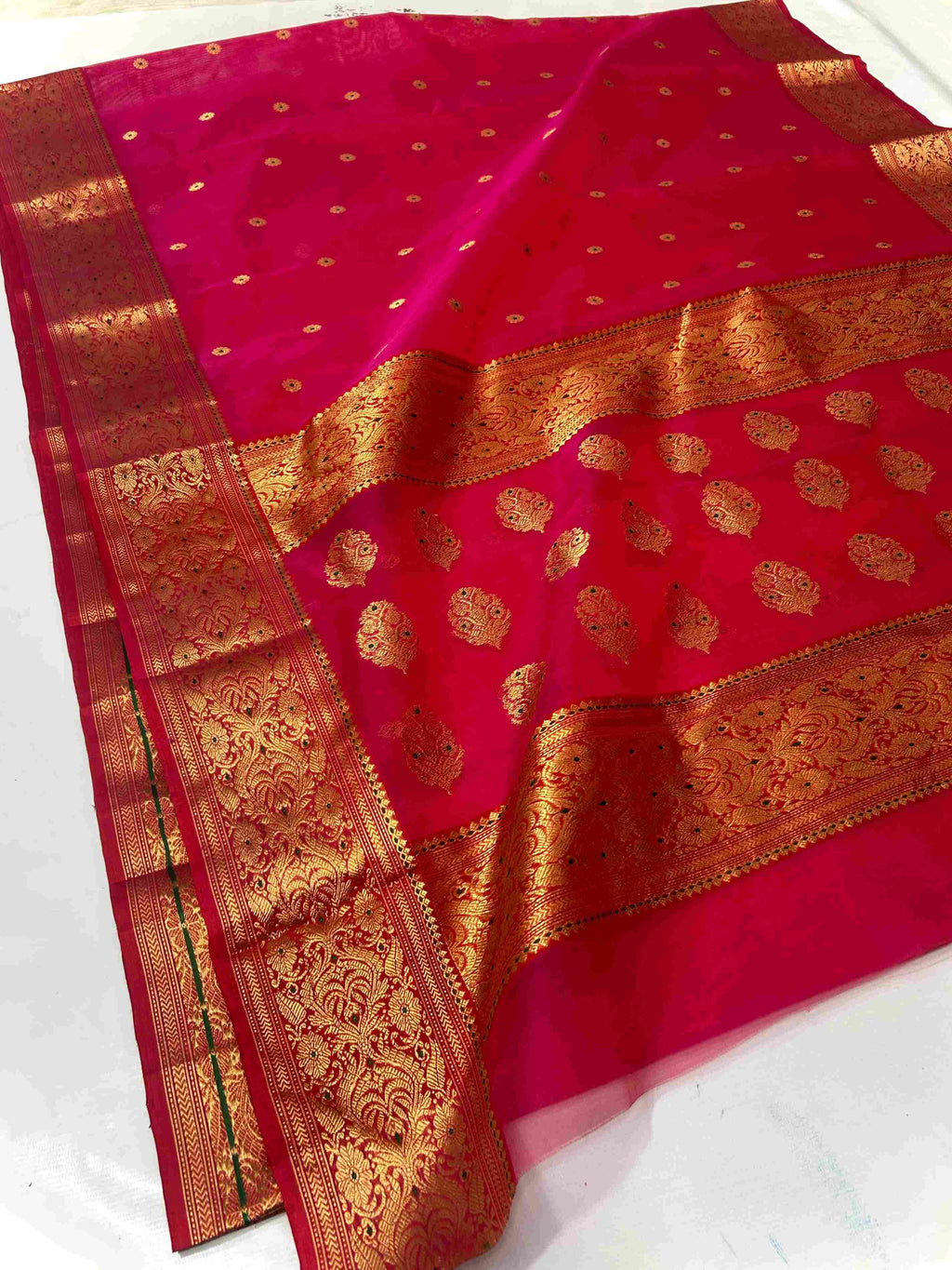 Red Chanderi Handloom Katan Silk Meenakari Saree