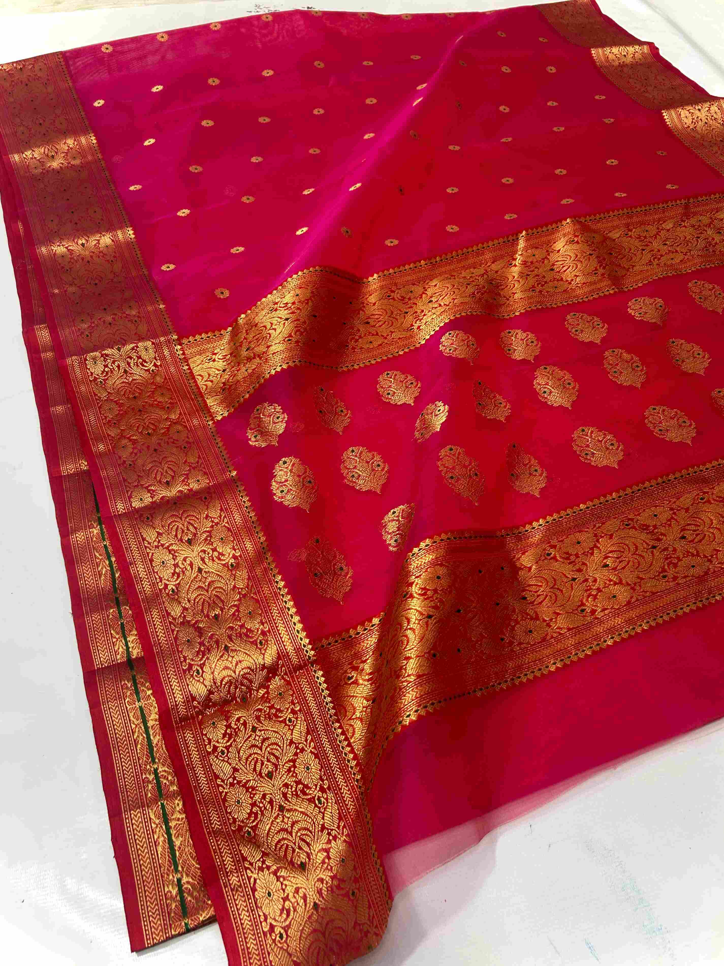 Red Chanderi Handloom Katan Silk Meenakari Saree