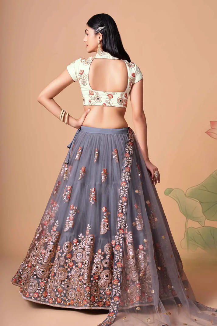 Grey Net Lehenga with Zari, Sequins & Mirror Work