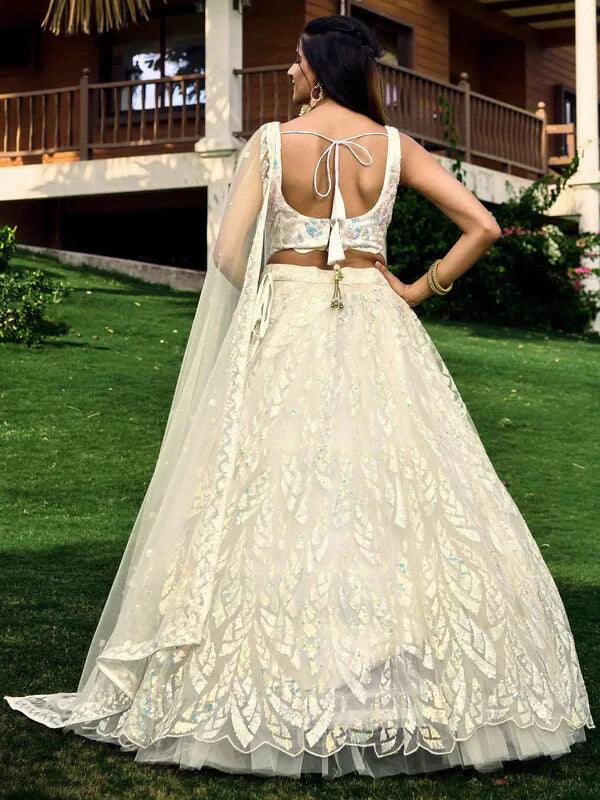 White Soft Net Lehenga with Sequins & Thread Work