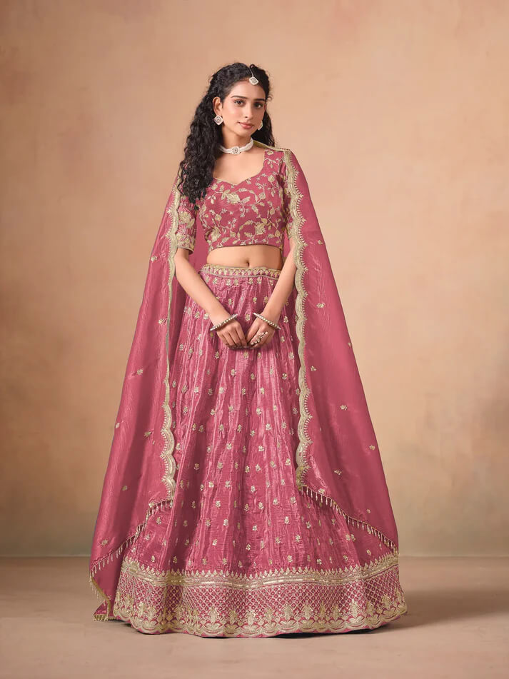 Tulip Pink Organza Lehenga with Embroidery Work