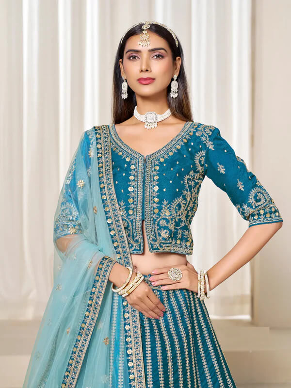 Peacock Blue Art Silk Lehenga with Thread & Sequins