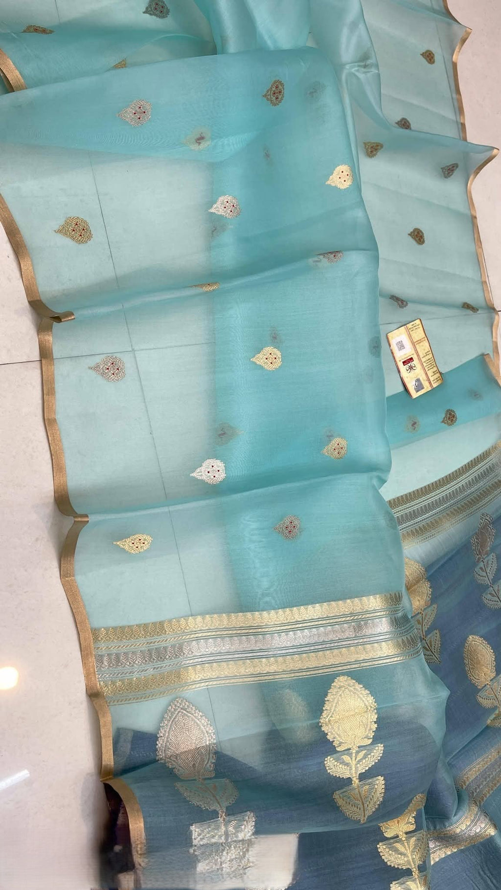 Turkis Banarasi Håndvæv Kora Organza Silke Saree
