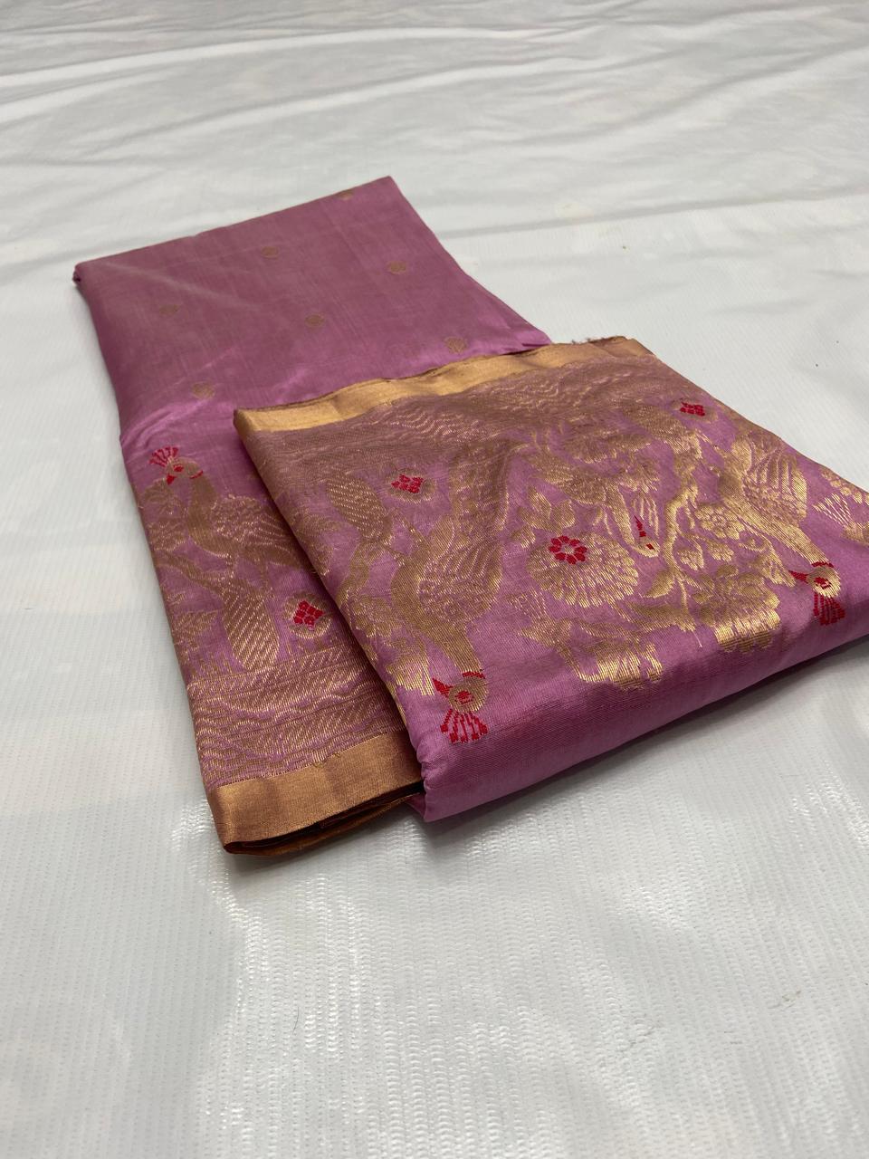Onion Pink Chanderi Handloom Pattu Silk Meenakari Handwork Saree