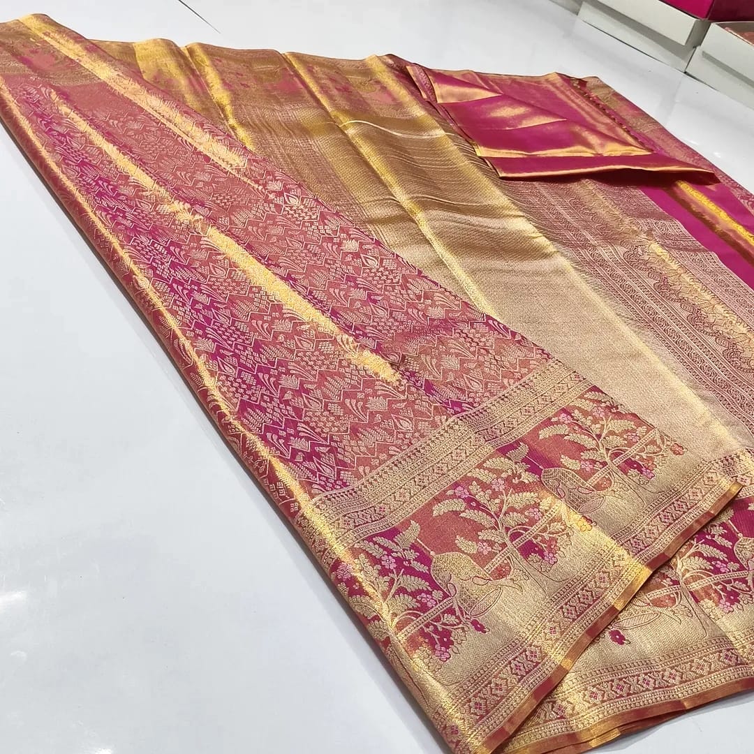Dark Pink Kanchipuram Handloom Tissue Brocade Silk Saree