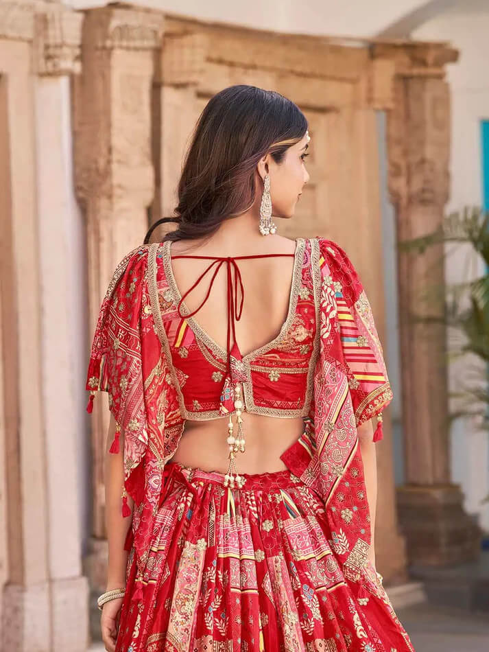 Red Silk Lehenga with Digital Print & Embroidery