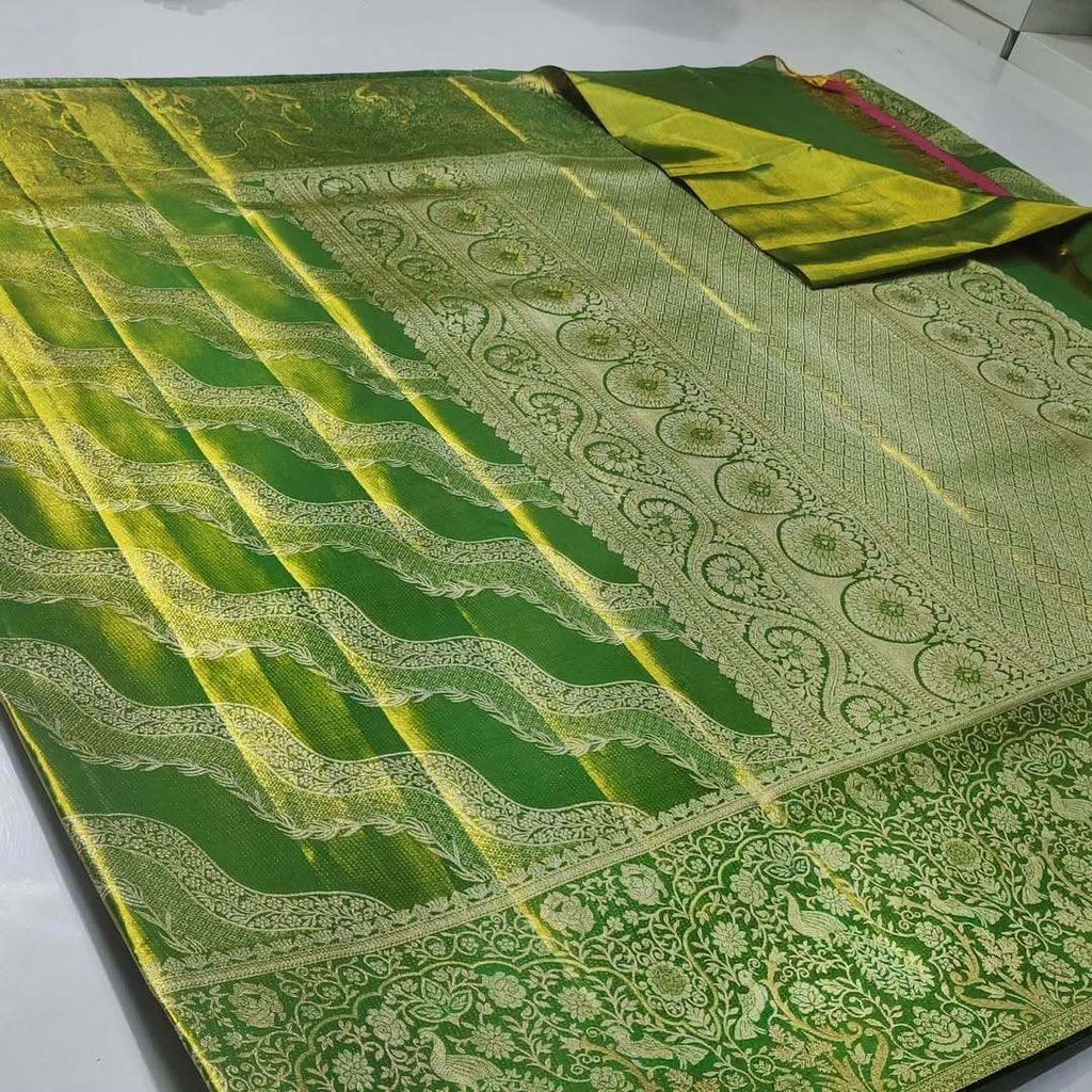 Green Kanchipuram Handloom Tissue Brocade Silk Meenakari Saree