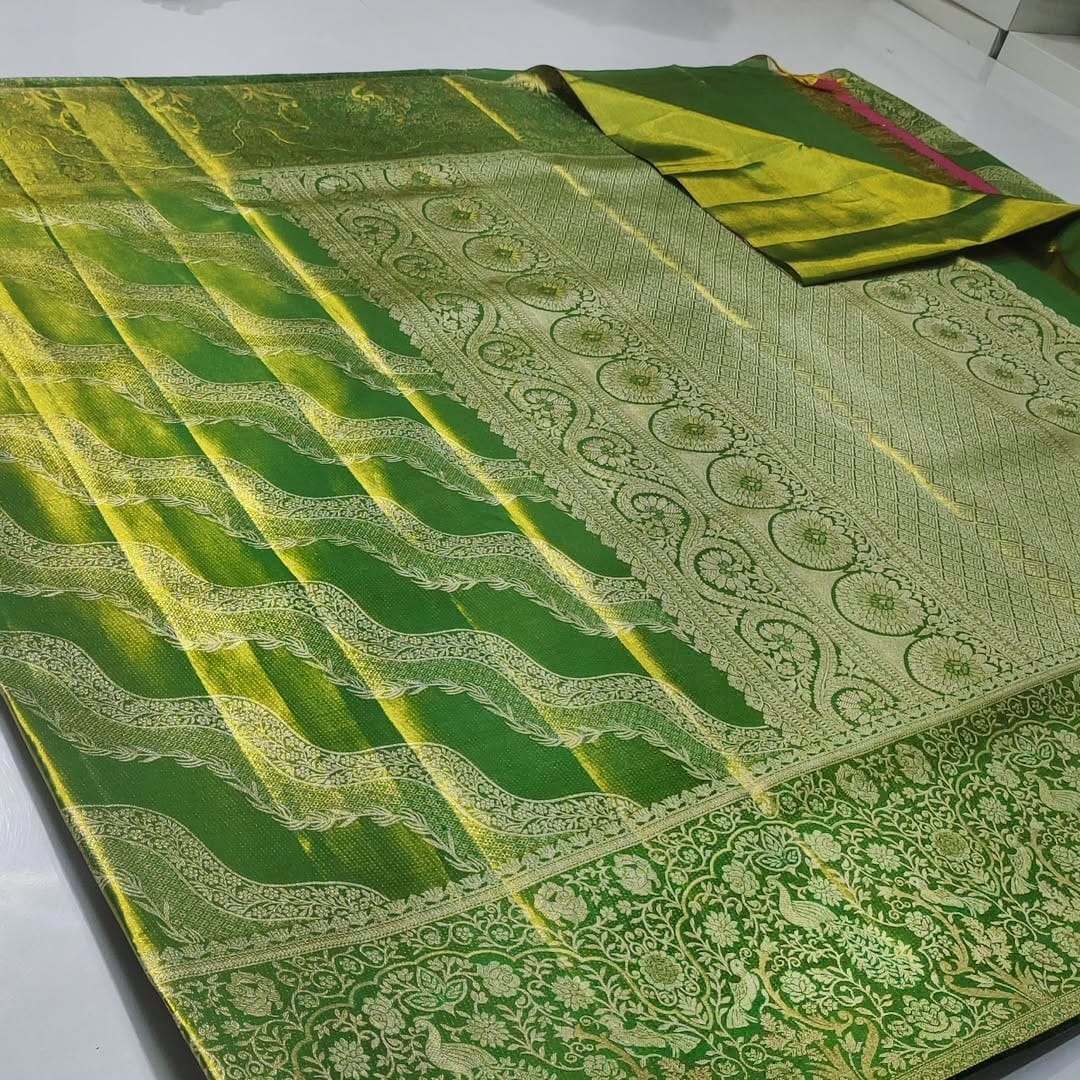 Green Kanchipuram Handloom Tissue Brocade Silk Meenakari Saree