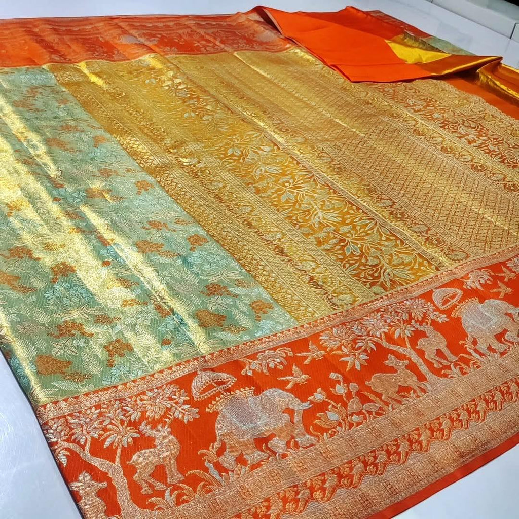 Pista Green Kanchipuram Handloom Tissue Brocade Meenakari Silk Saree