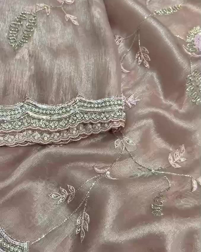 Beige Hand Embroidered Tissue Organza Silk Saree