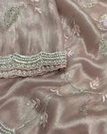 Beige Hand Embroidered Tissue Organza Silk Saree