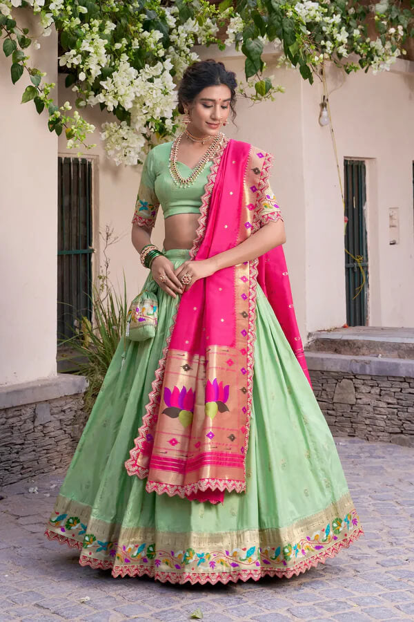 Pista Green Jacquard Silk Lehenga with Zari Weaving and Embroidered Border