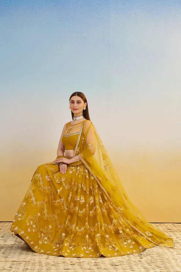 Festive Yellow Net Lehenga Choli with Thread Detailing
