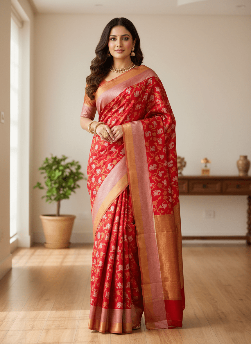 Chilly Red Chanderi Handloom Pattu Silk Shikargah Handwork Saree