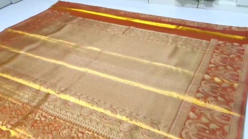 Orange Kanchipuram Handloom Tissue Brocade Silk Saree